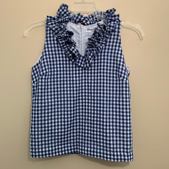 Elizabeth Wilson Designs white/navy gingham sleeveless top ,V-ruffle neckline XS - Picture 3 of 9